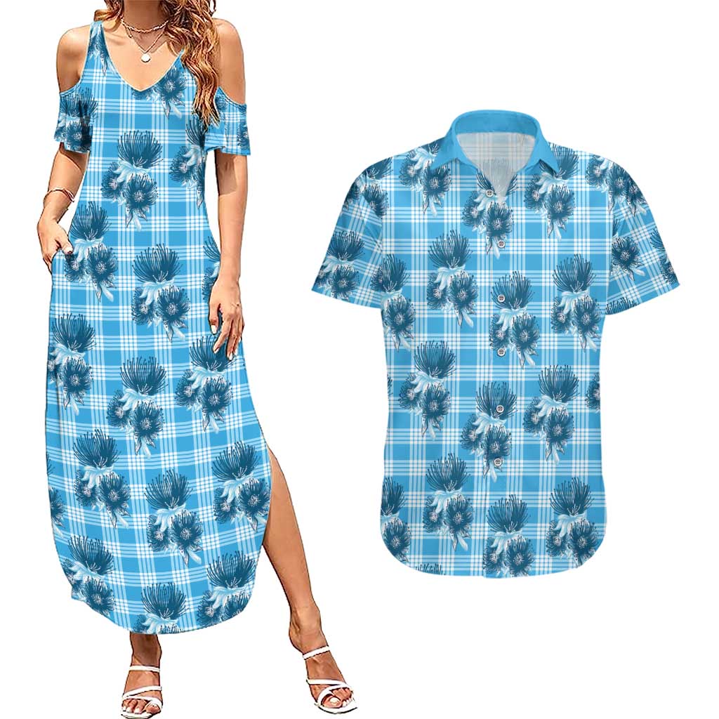 Blue Palaka Hawaii Couples Matching Summer Maxi Dress and Hawaiian Shirt Hawaiian Lehua Blossoms LT05 Blue - Polynesian Pride