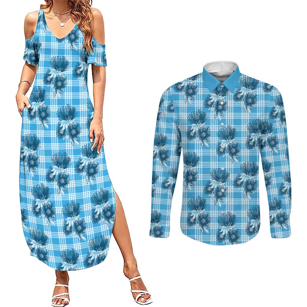 Blue Palaka Hawaii Couples Matching Summer Maxi Dress and Long Sleeve Button Shirt Hawaiian Lehua Blossoms LT05 Blue - Polynesian Pride