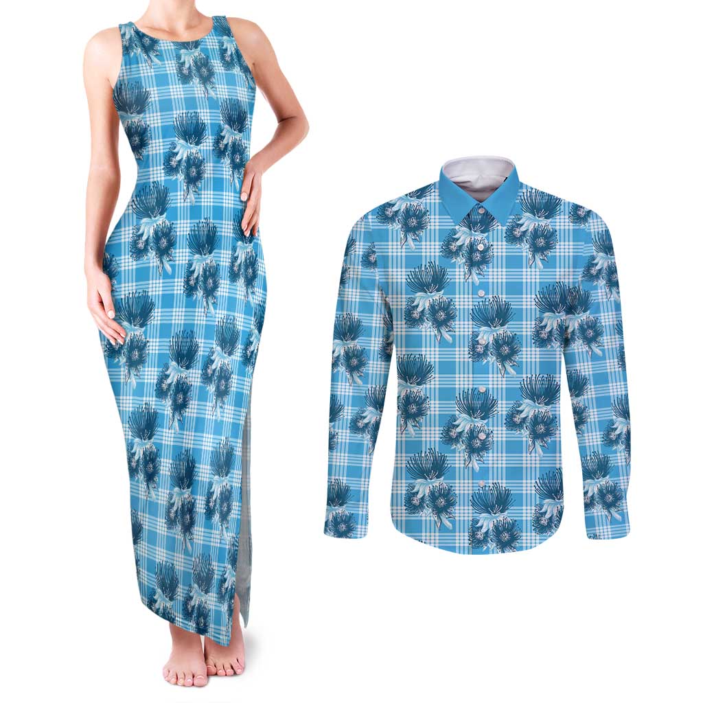 Blue Palaka Hawaii Couples Matching Tank Maxi Dress and Long Sleeve Button Shirt Hawaiian Lehua Blossoms LT05 Blue - Polynesian Pride