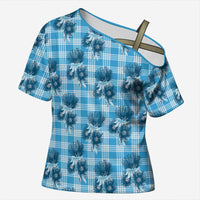 Blue Palaka Hawaii Cross Shoulder Shirt Hawaiian Lehua Blossoms