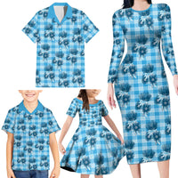 Blue Palaka Hawaii Family Matching Long Sleeve Bodycon Dress and Hawaiian Shirt Hawaiian Lehua Blossoms LT05 - Polynesian Pride