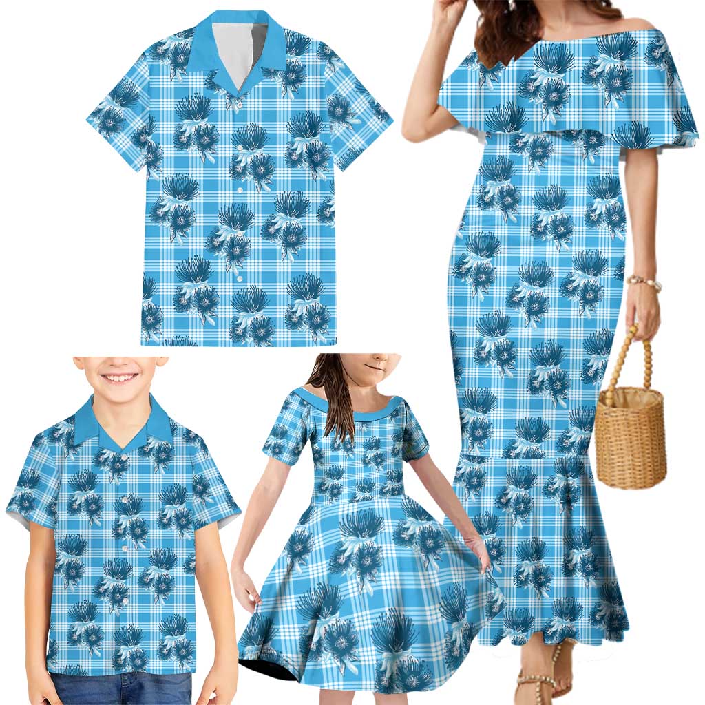 Blue Palaka Hawaii Family Matching Mermaid Dress and Hawaiian Shirt Hawaiian Lehua Blossoms LT05 - Polynesian Pride