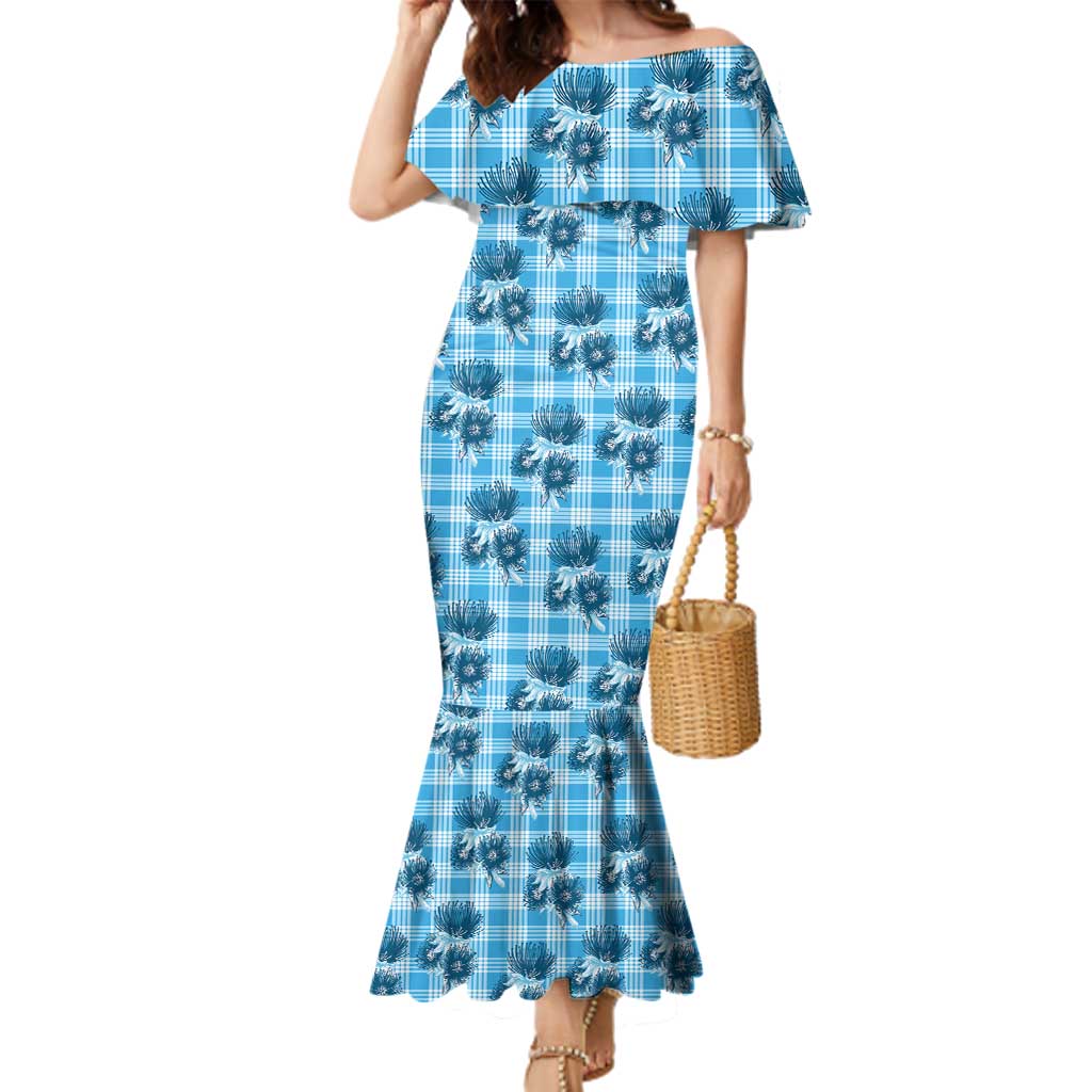 Blue Palaka Hawaii Family Matching Mermaid Dress and Hawaiian Shirt Hawaiian Lehua Blossoms LT05 Mom's Dress Blue - Polynesian Pride