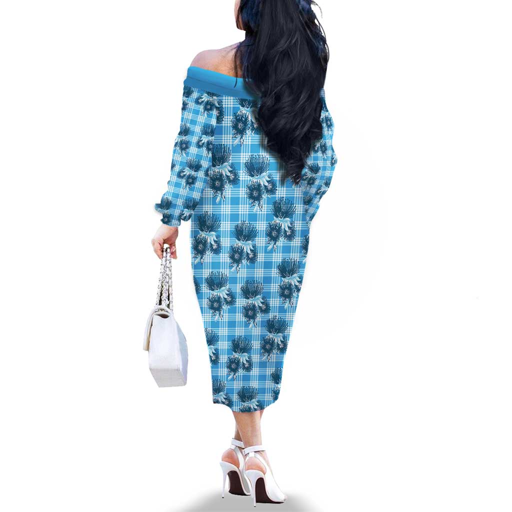 Blue Palaka Hawaii Family Matching Off The Shoulder Long Sleeve Dress and Hawaiian Shirt Hawaiian Lehua Blossoms LT05 - Polynesian Pride