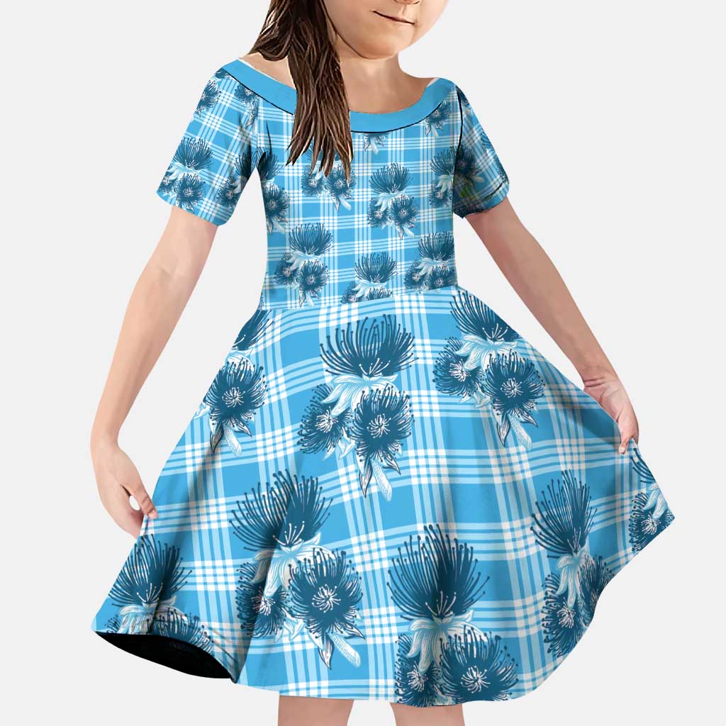 Blue Palaka Hawaii Family Matching Off Shoulder Maxi Dress and Hawaiian Shirt Hawaiian Lehua Blossoms LT05 Daughter's Dress Blue - Polynesian Pride