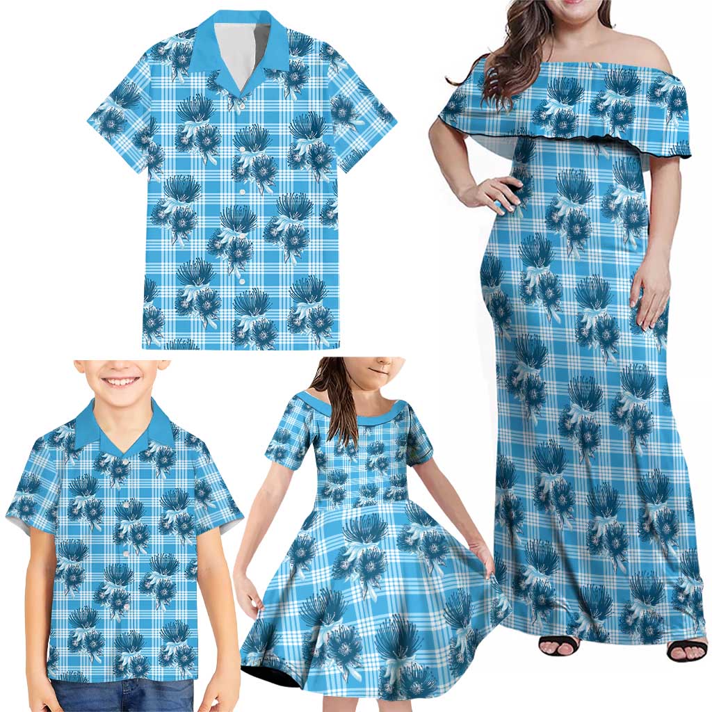 Blue Palaka Hawaii Family Matching Off Shoulder Maxi Dress and Hawaiian Shirt Hawaiian Lehua Blossoms