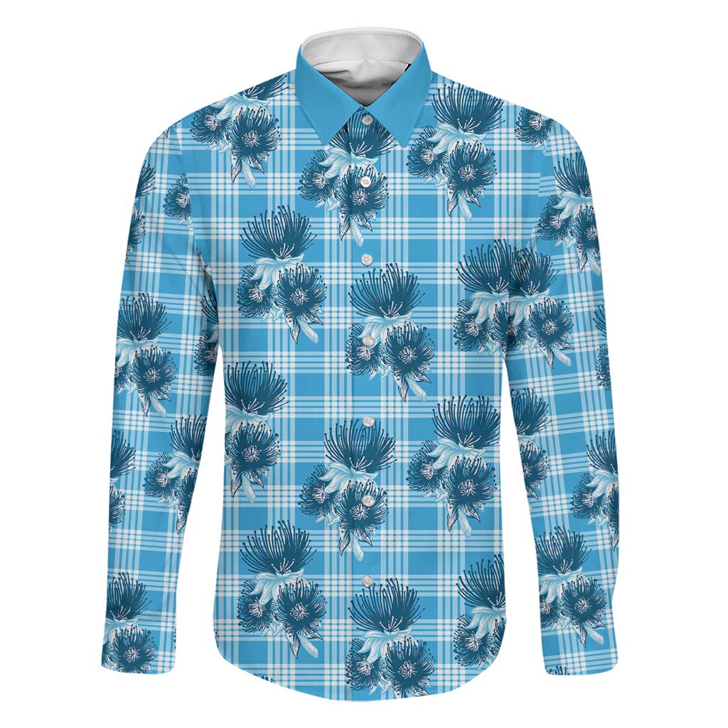 Blue Palaka Hawaii Family Matching Off Shoulder Maxi Dress and Hawaiian Shirt Hawaiian Lehua Blossoms LT05 Dad's Shirt - Long Sleeve Blue - Polynesian Pride