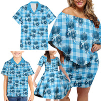 Blue Palaka Hawaii Family Matching Off Shoulder Short Dress and Hawaiian Shirt Hawaiian Lehua Blossoms LT05 - Polynesian Pride
