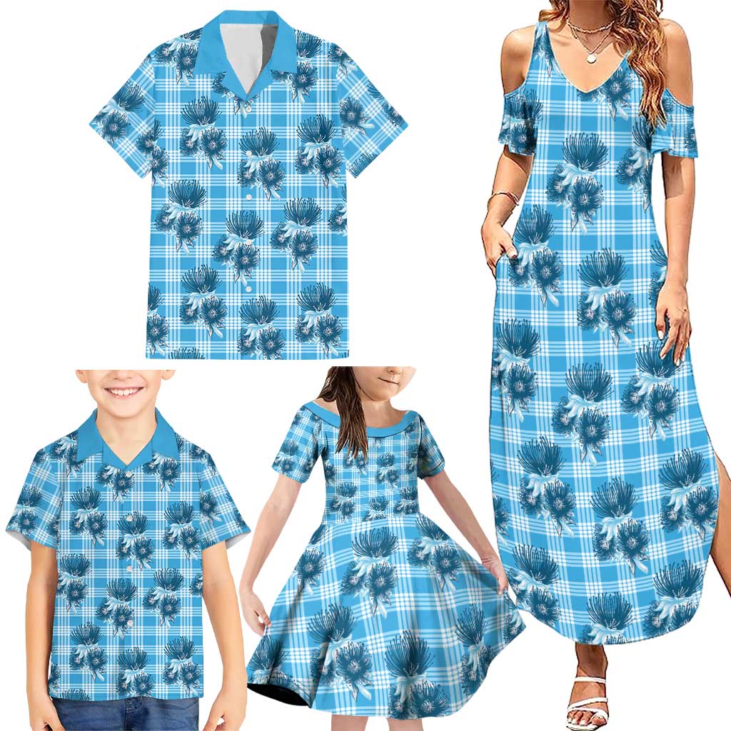 Blue Palaka Hawaii Family Matching Summer Maxi Dress and Hawaiian Shirt Hawaiian Lehua Blossoms