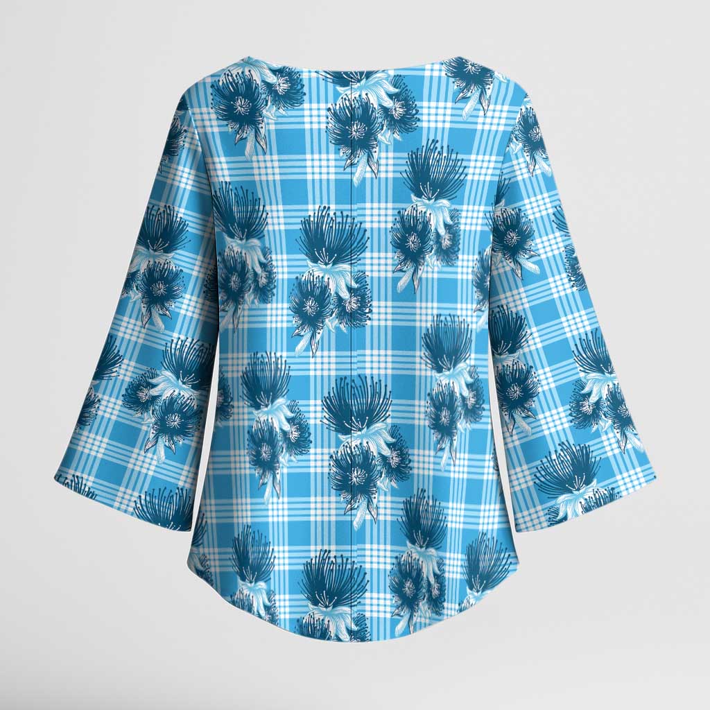 Blue Palaka Hawaii Kimono Sleeve Blouse Hawaiian Lehua Blossoms
