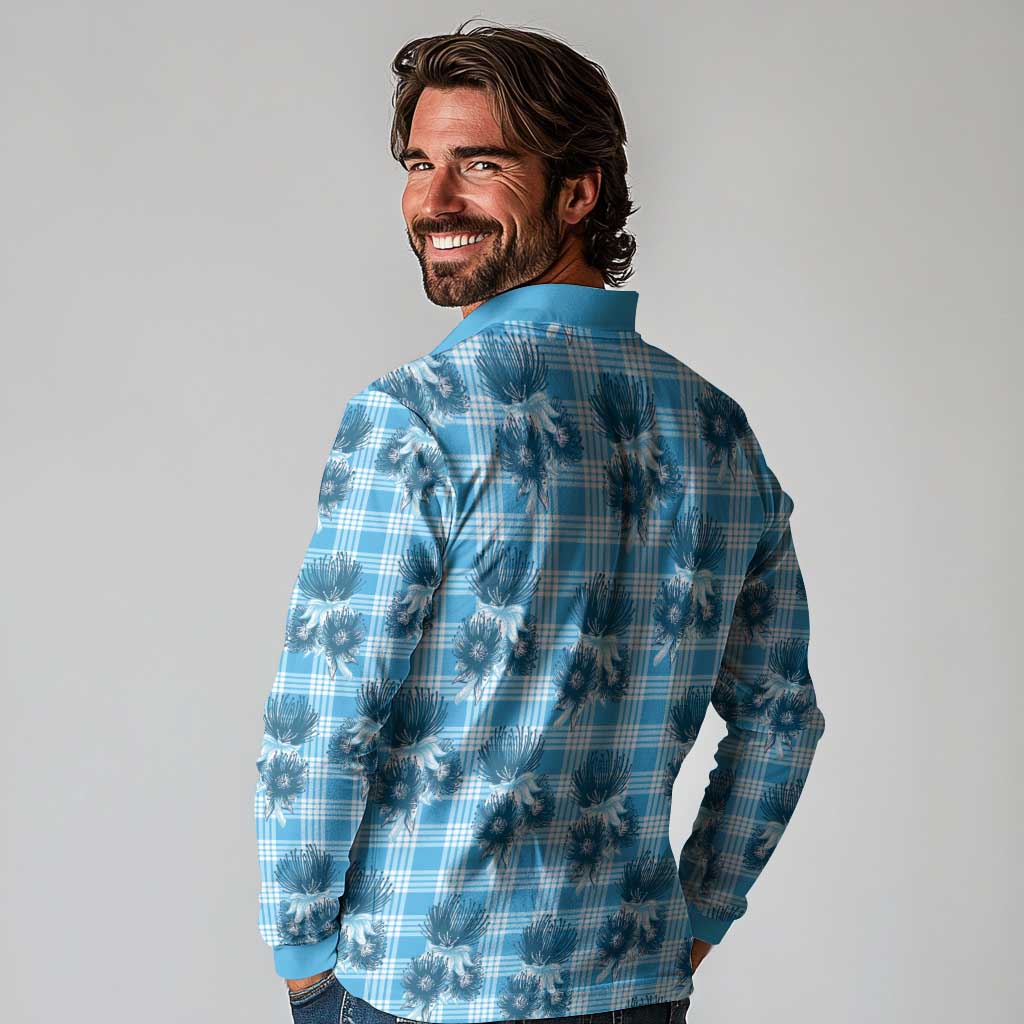 Blue Palaka Hawaii Long Sleeve Polo Shirt Hawaiian Lehua Blossoms