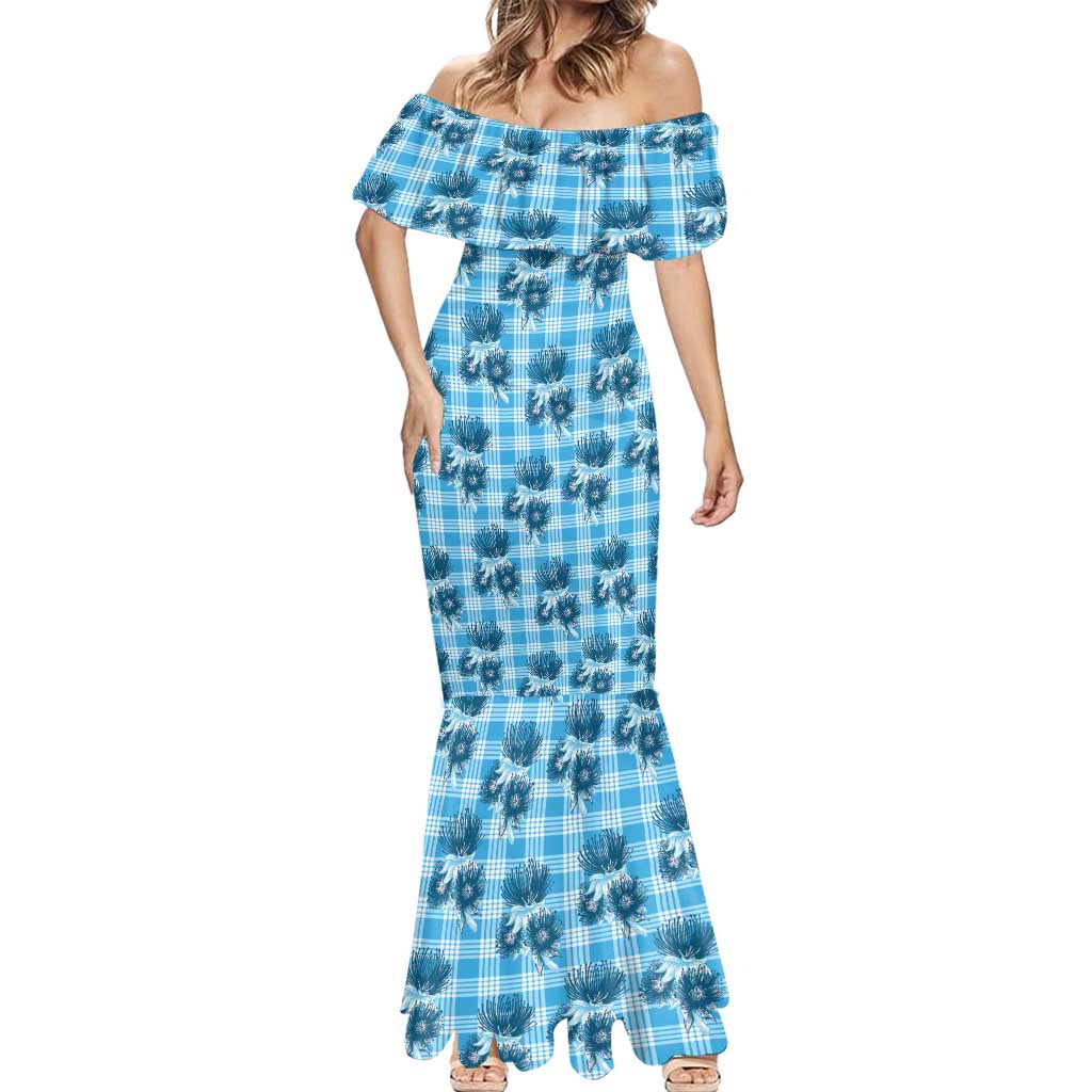Blue Palaka Hawaii Mermaid Dress Hawaiian Lehua Blossoms