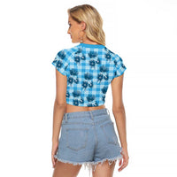 Blue Palaka Hawaii Raglan Cropped T Shirt Hawaiian Lehua Blossoms