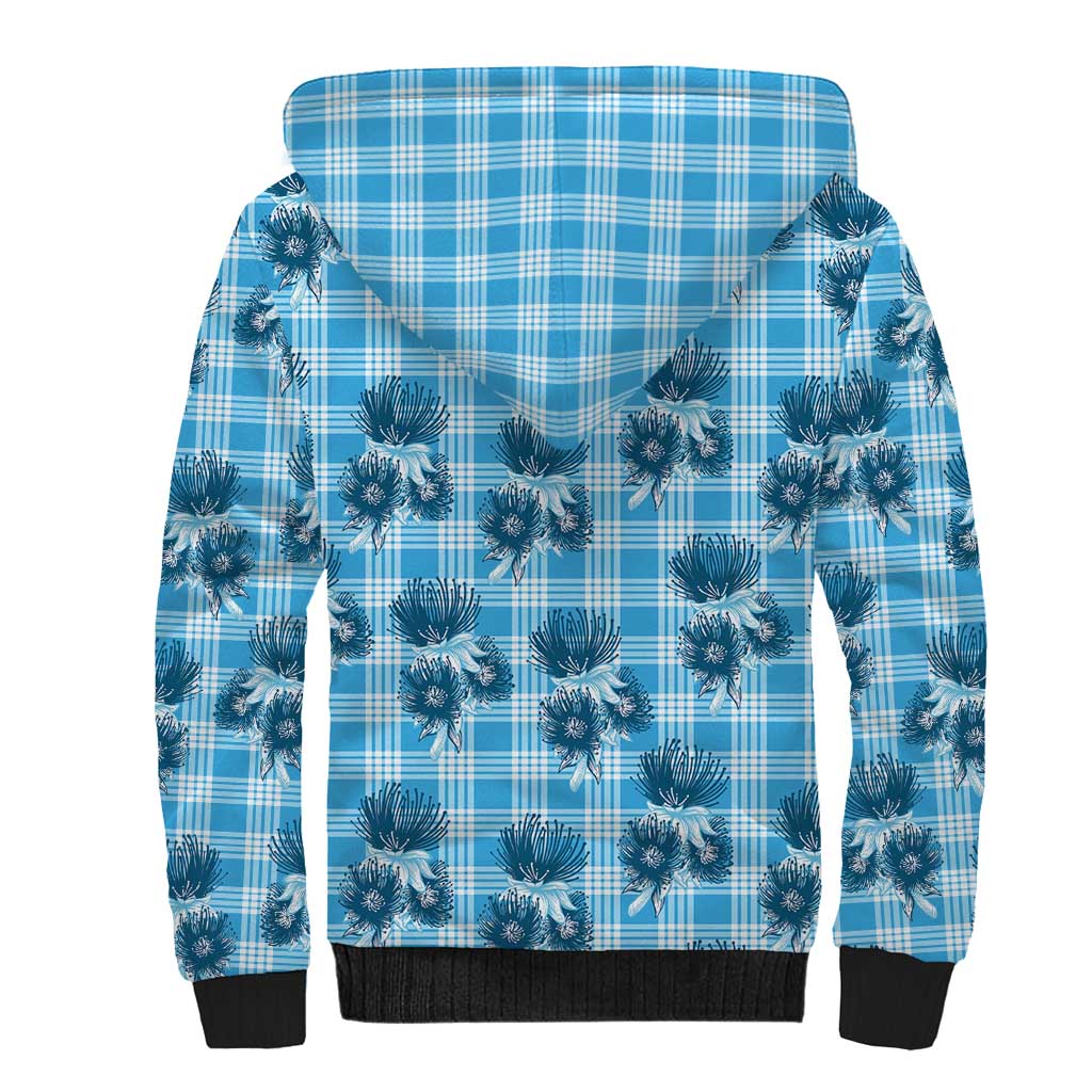 Blue Palaka Hawaii Sherpa Hoodie Hawaiian Lehua Blossoms