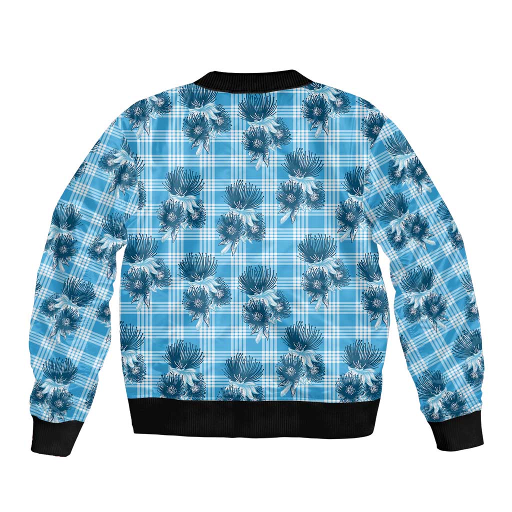 Blue Palaka Hawaii Sleeve Zip Bomber Jacket Hawaiian Lehua Blossoms
