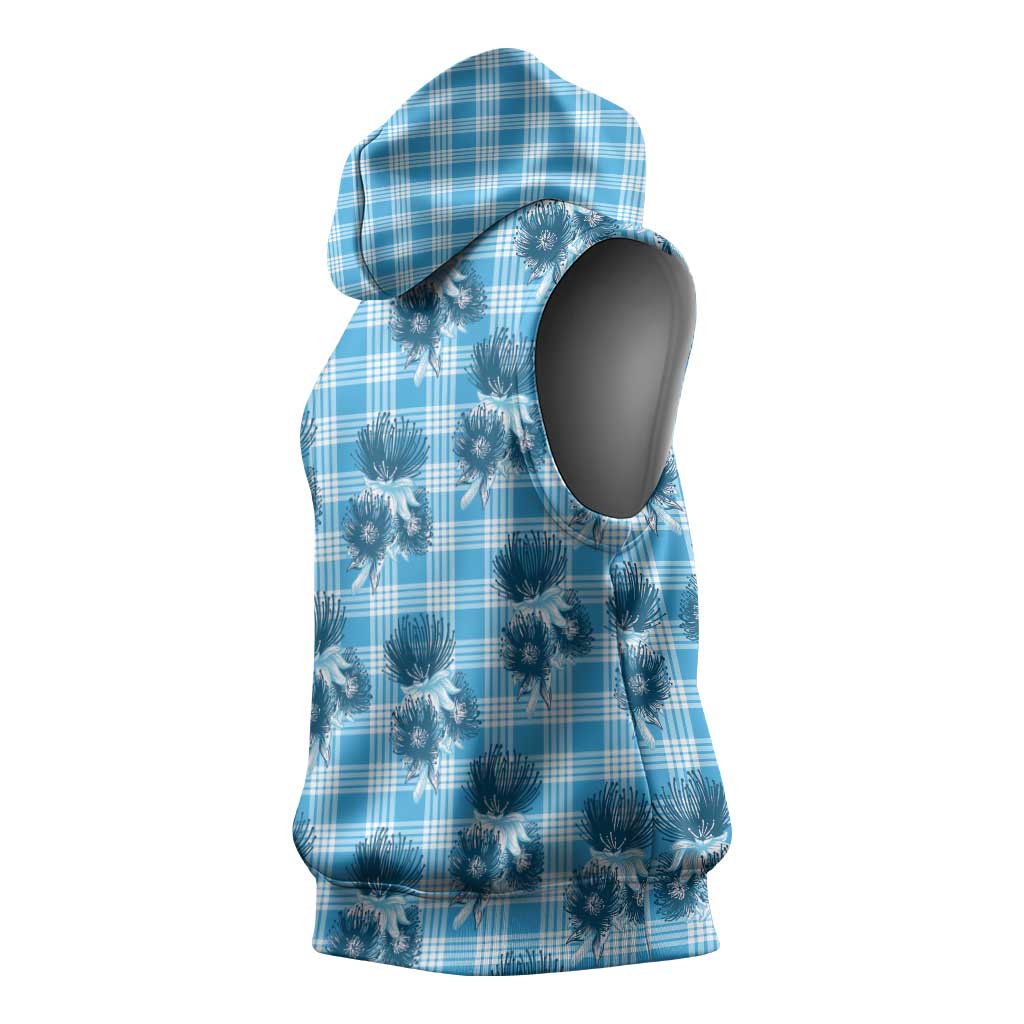 Blue Palaka Hawaii Sleeveless Hoodie Hawaiian Lehua Blossoms