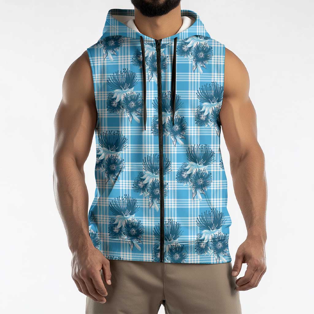 Blue Palaka Hawaii Sleeveless Zip Hoodie Hawaiian Lehua Blossoms