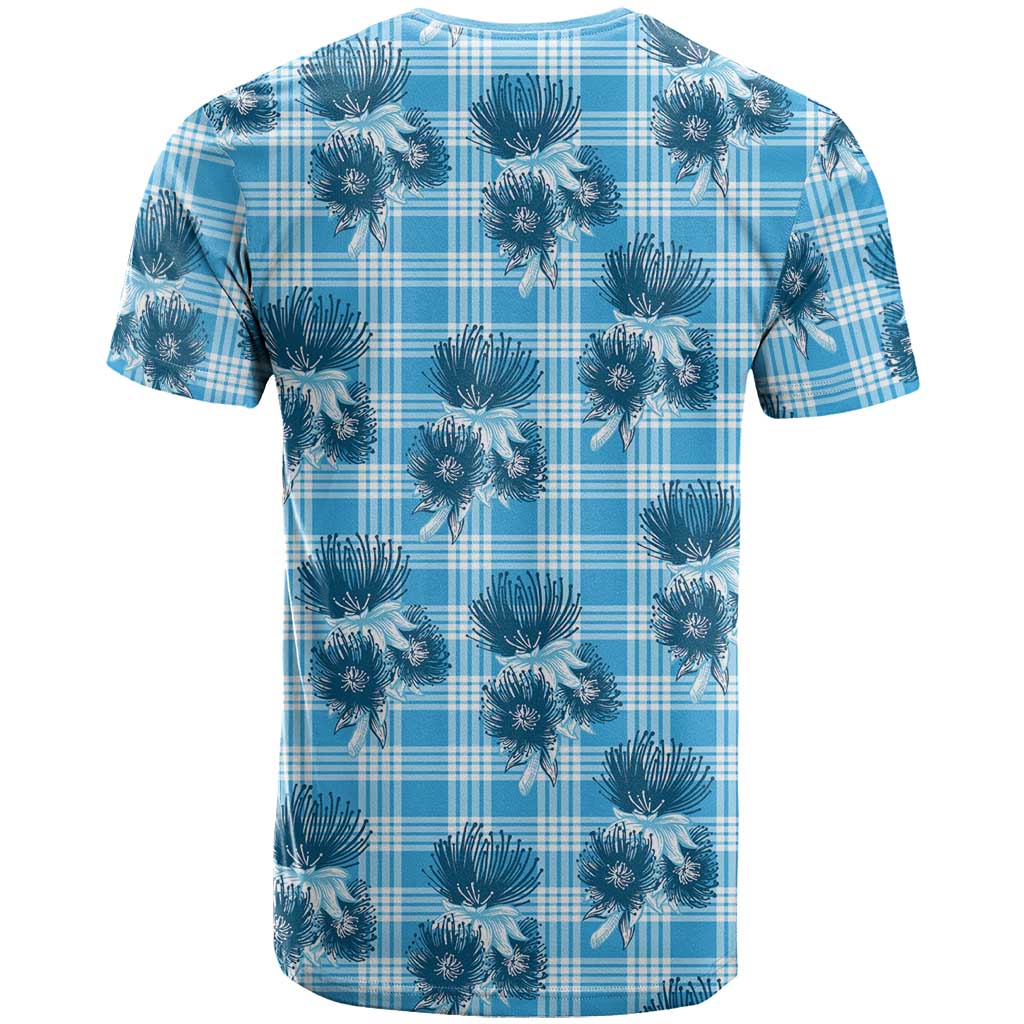 Blue Palaka Hawaii T Shirt Hawaiian Lehua Blossoms