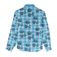 Blue Palaka Hawaii Women Casual Shirt Hawaiian Lehua Blossoms