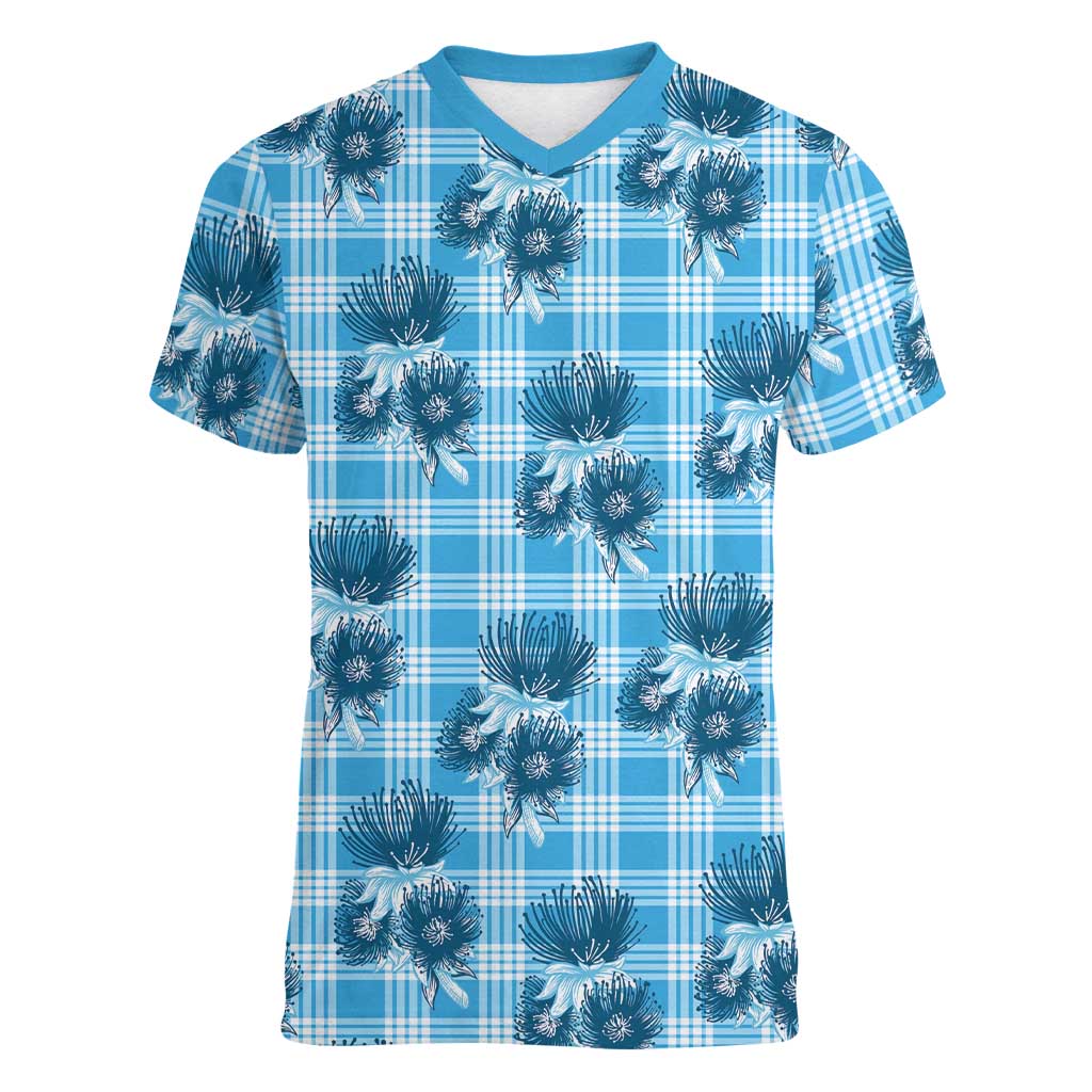 Blue Palaka Hawaii Women V-Neck T-Shirt Hawaiian Lehua Blossoms