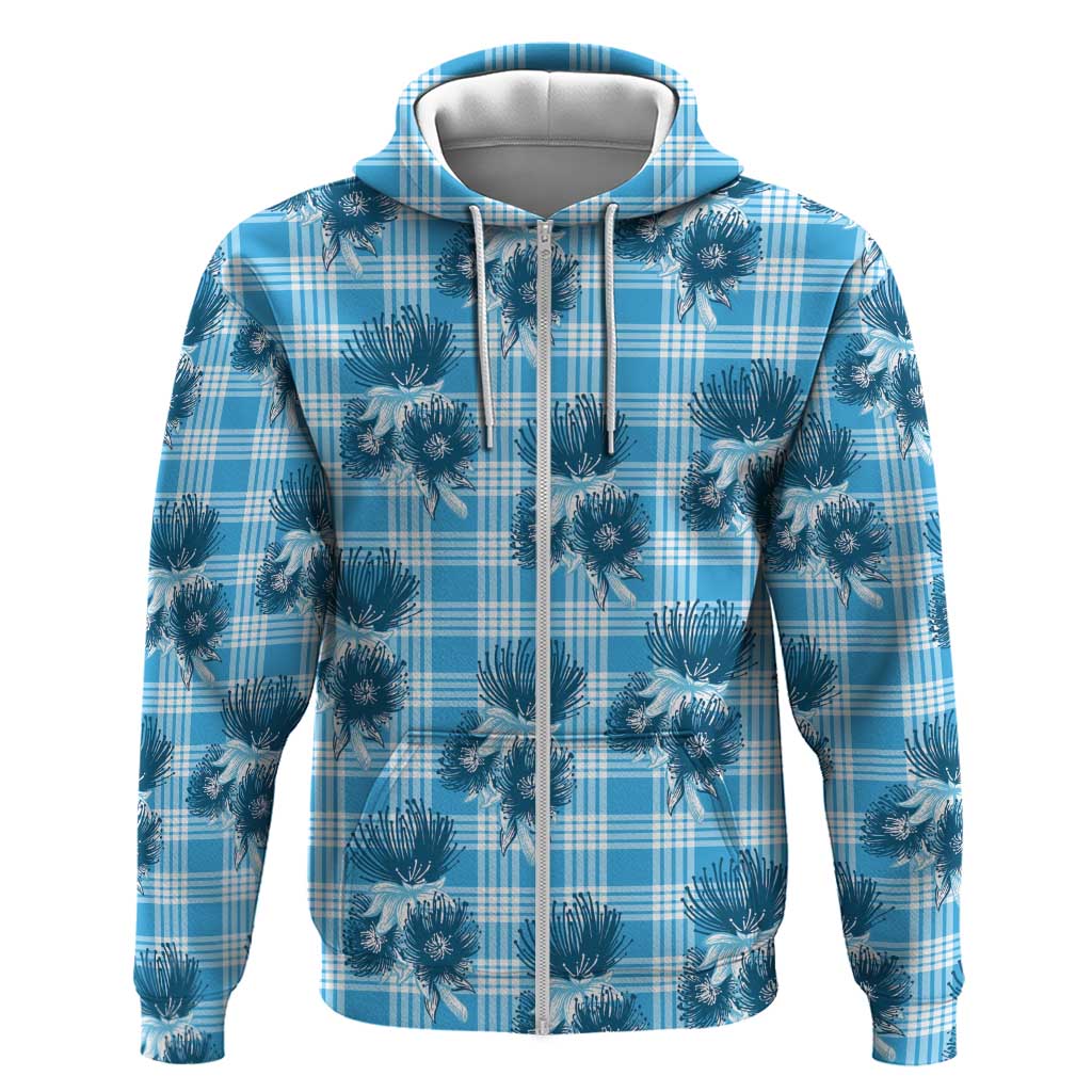 Blue Palaka Hawaii Zip Hoodie Hawaiian Lehua Blossoms