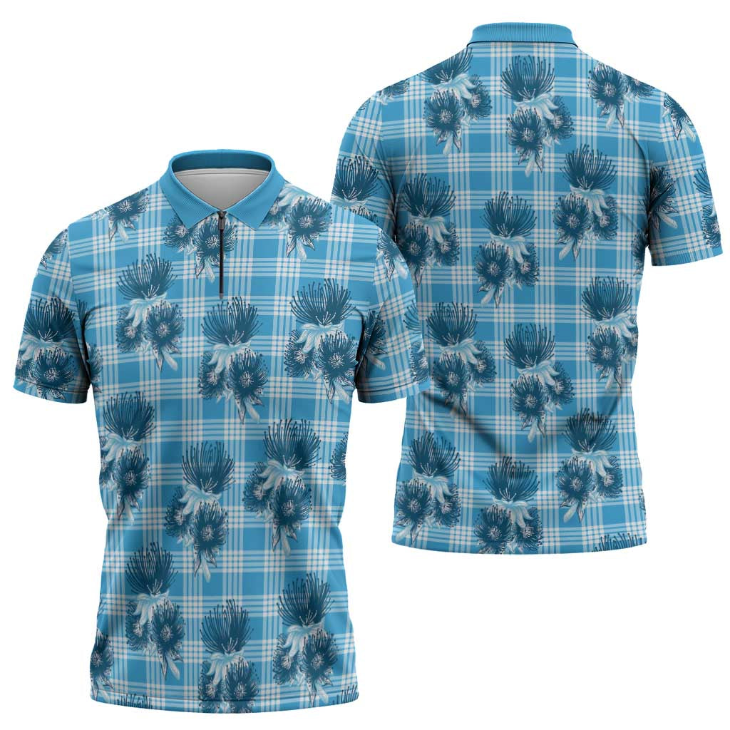 Blue Palaka Hawaii Zipper Polo Shirt Hawaiian Lehua Blossoms