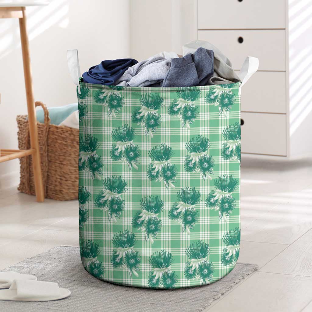Green Palaka Hawaii Laundry Basket Hawaiian Lehua Blossoms
