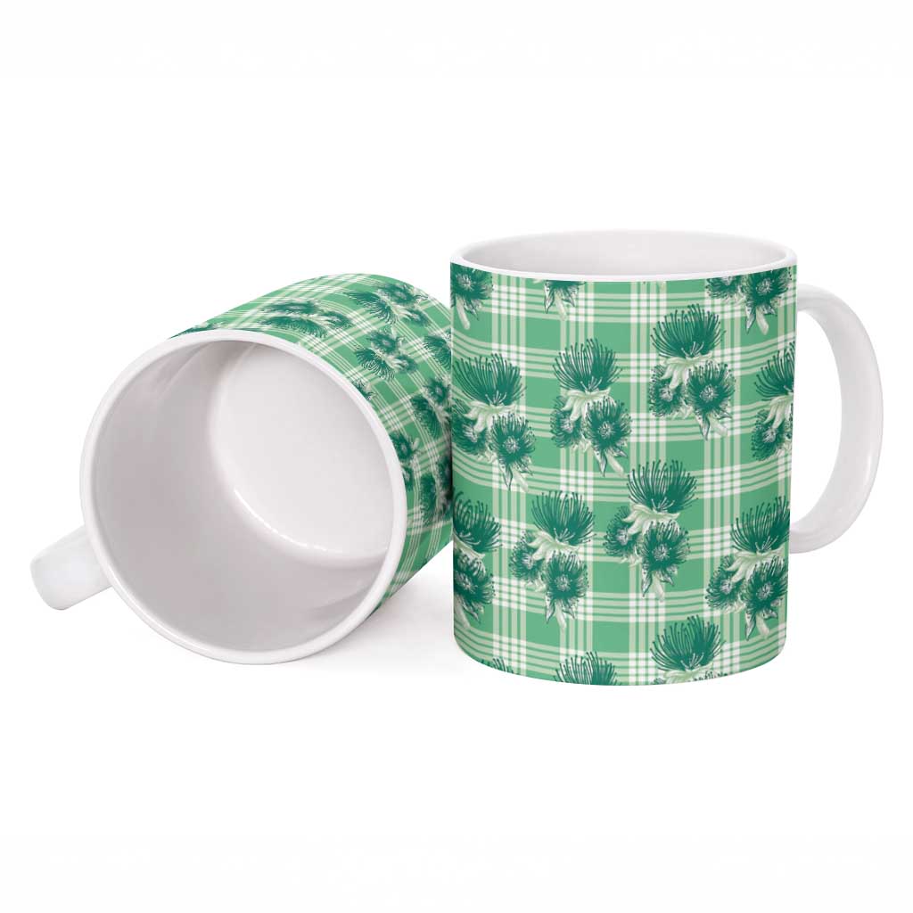 Green Palaka Hawaii Ceramic Mug Hawaiian Lehua Blossoms