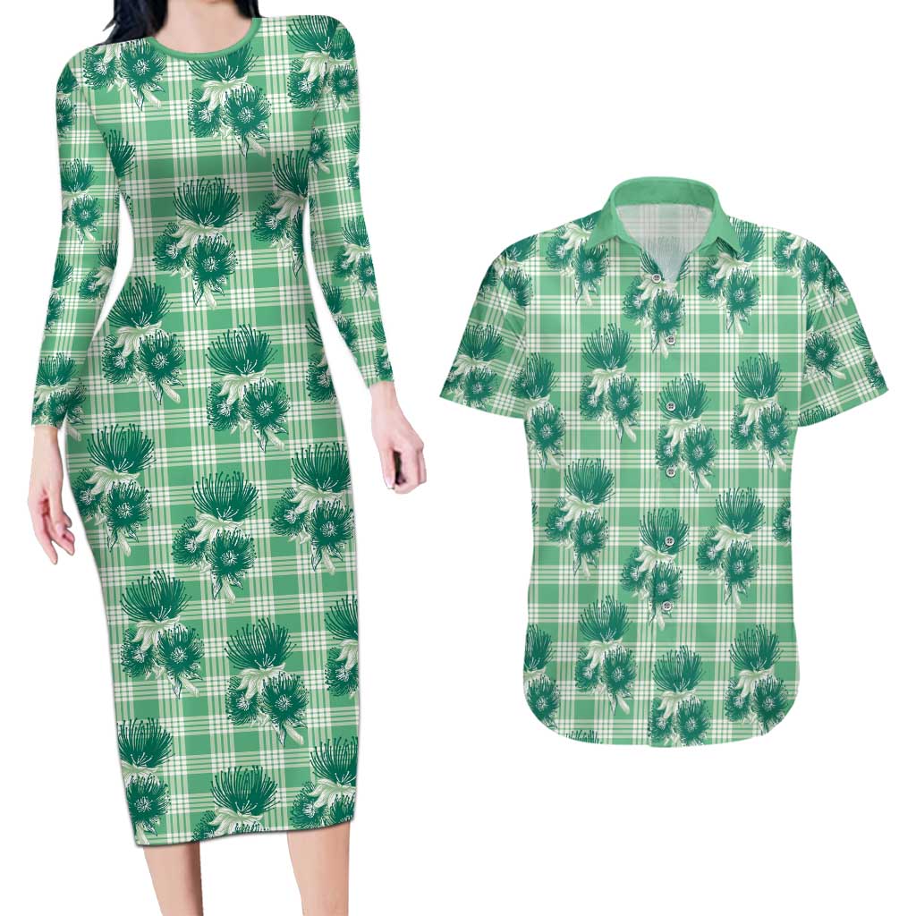 Green Palaka Hawaii Couples Matching Long Sleeve Bodycon Dress and Hawaiian Shirt Hawaiian Lehua Blossoms LT05 Green - Polynesian Pride