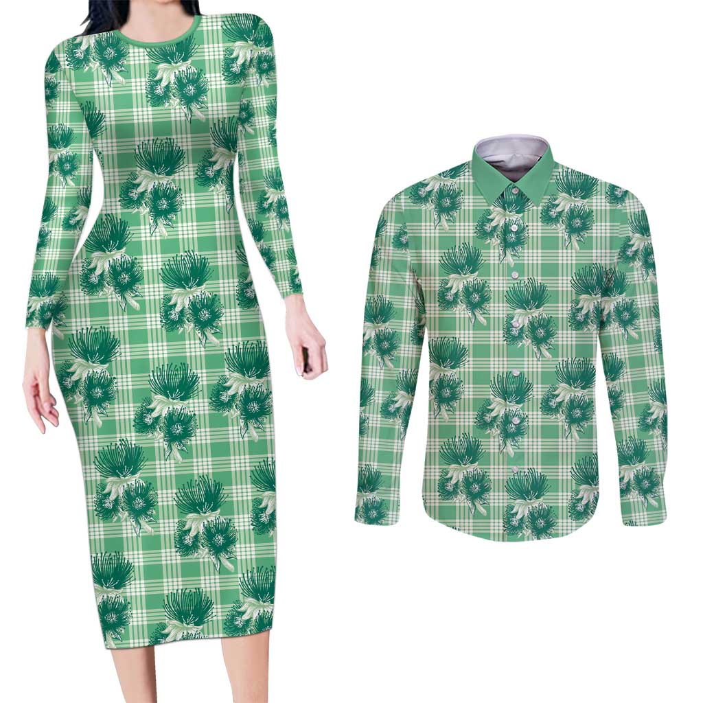 Green Palaka Hawaii Couples Matching Long Sleeve Bodycon Dress and Long Sleeve Button Shirt Hawaiian Lehua Blossoms LT05 Green - Polynesian Pride