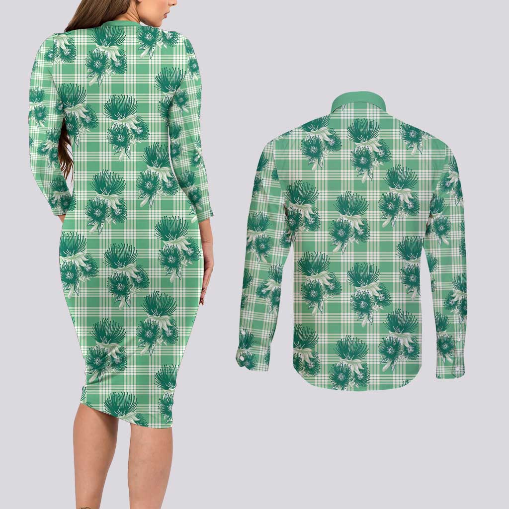 Green Palaka Hawaii Couples Matching Long Sleeve Bodycon Dress and Long Sleeve Button Shirt Hawaiian Lehua Blossoms LT05 - Polynesian Pride