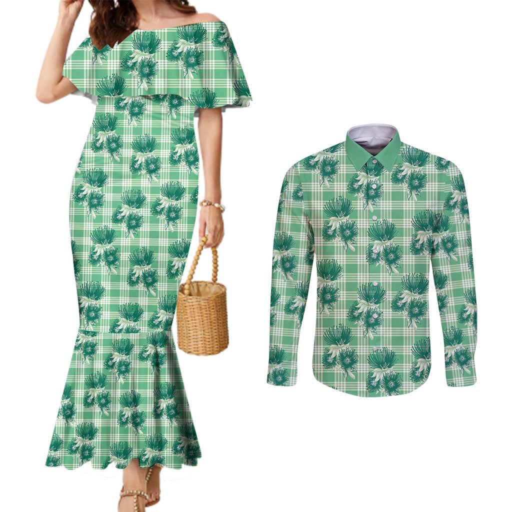 Green Palaka Hawaii Couples Matching Mermaid Dress and Long Sleeve Button Shirt Hawaiian Lehua Blossoms LT05 Green - Polynesian Pride