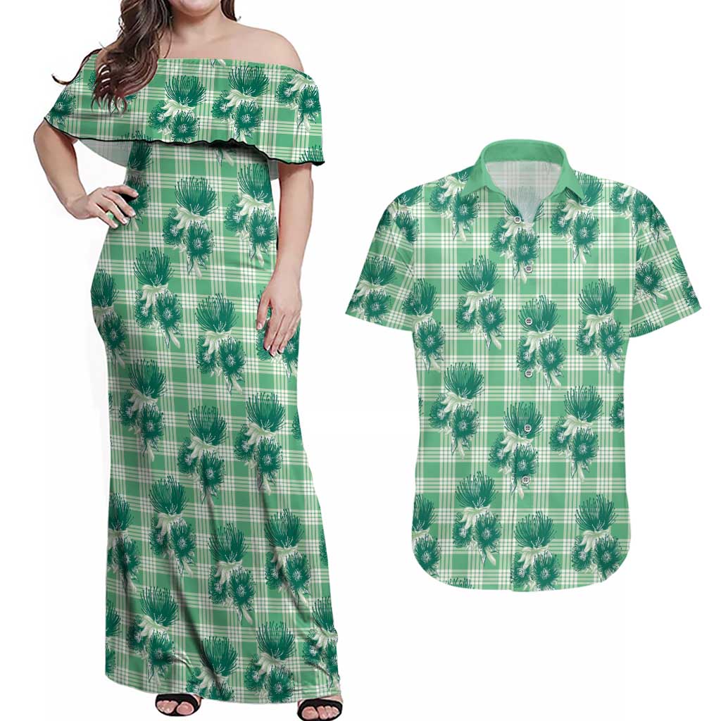 Green Palaka Hawaii Couples Matching Off Shoulder Maxi Dress and Hawaiian Shirt Hawaiian Lehua Blossoms LT05 Green - Polynesian Pride