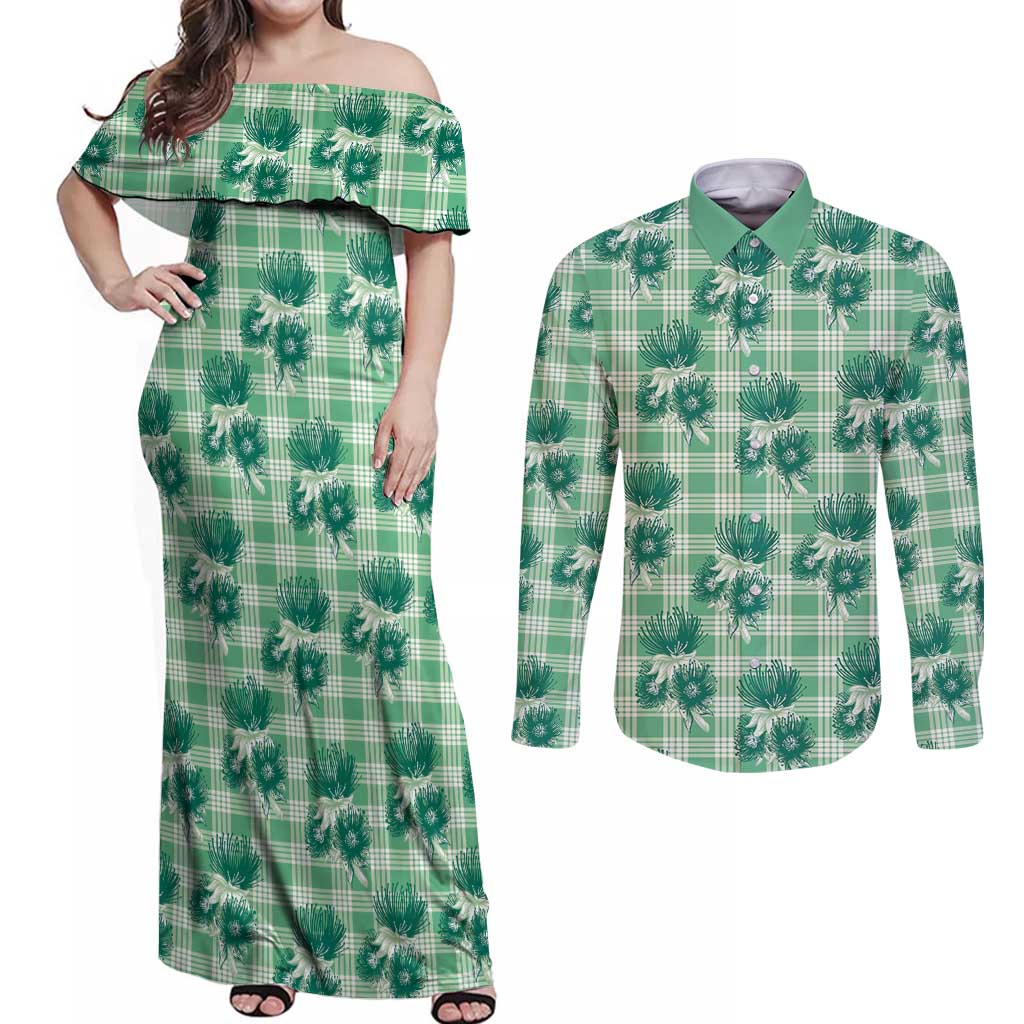 Green Palaka Hawaii Couples Matching Off Shoulder Maxi Dress and Long Sleeve Button Shirt Hawaiian Lehua Blossoms LT05 Green - Polynesian Pride