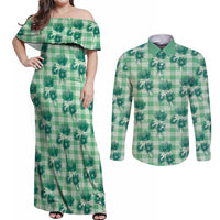 Green Palaka Hawaii Couples Matching Off Shoulder Maxi Dress and Long Sleeve Button Shirt Hawaiian Lehua Blossoms LT05 Green - Polynesian Pride