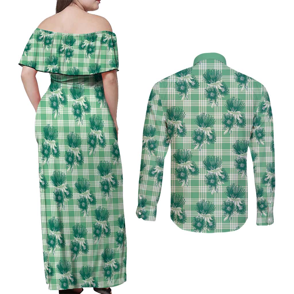 Green Palaka Hawaii Couples Matching Off Shoulder Maxi Dress and Long Sleeve Button Shirt Hawaiian Lehua Blossoms LT05 - Polynesian Pride