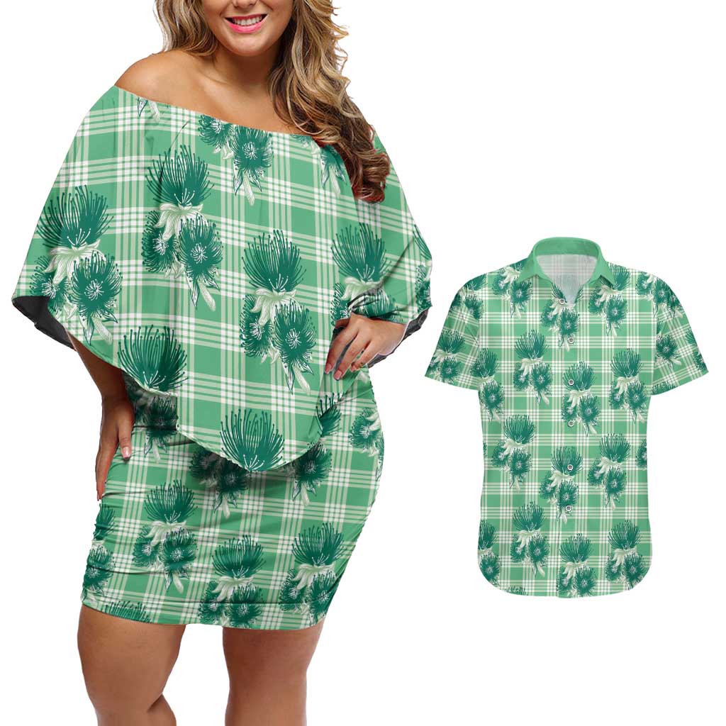 Green Palaka Hawaii Couples Matching Off Shoulder Short Dress and Hawaiian Shirt Hawaiian Lehua Blossoms LT05 Green - Polynesian Pride
