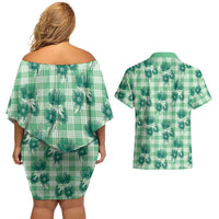Green Palaka Hawaii Couples Matching Off Shoulder Short Dress and Hawaiian Shirt Hawaiian Lehua Blossoms LT05 - Polynesian Pride