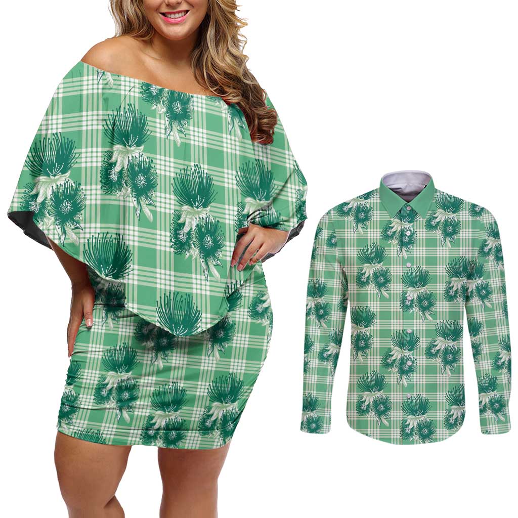 Green Palaka Hawaii Couples Matching Off Shoulder Short Dress and Long Sleeve Button Shirt Hawaiian Lehua Blossoms LT05 Green - Polynesian Pride