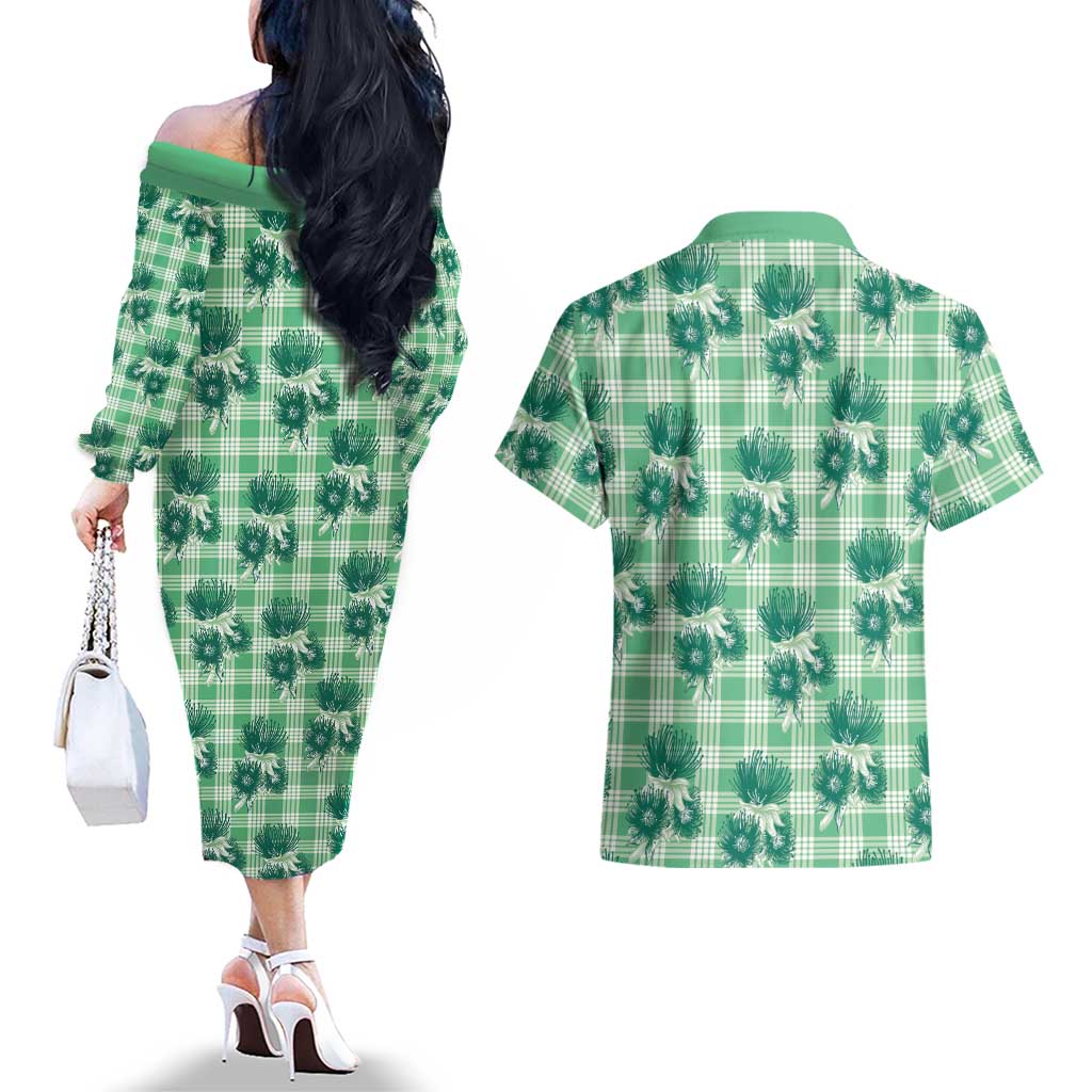 Green Palaka Hawaii Couples Matching Off The Shoulder Long Sleeve Dress and Hawaiian Shirt Hawaiian Lehua Blossoms LT05 - Polynesian Pride
