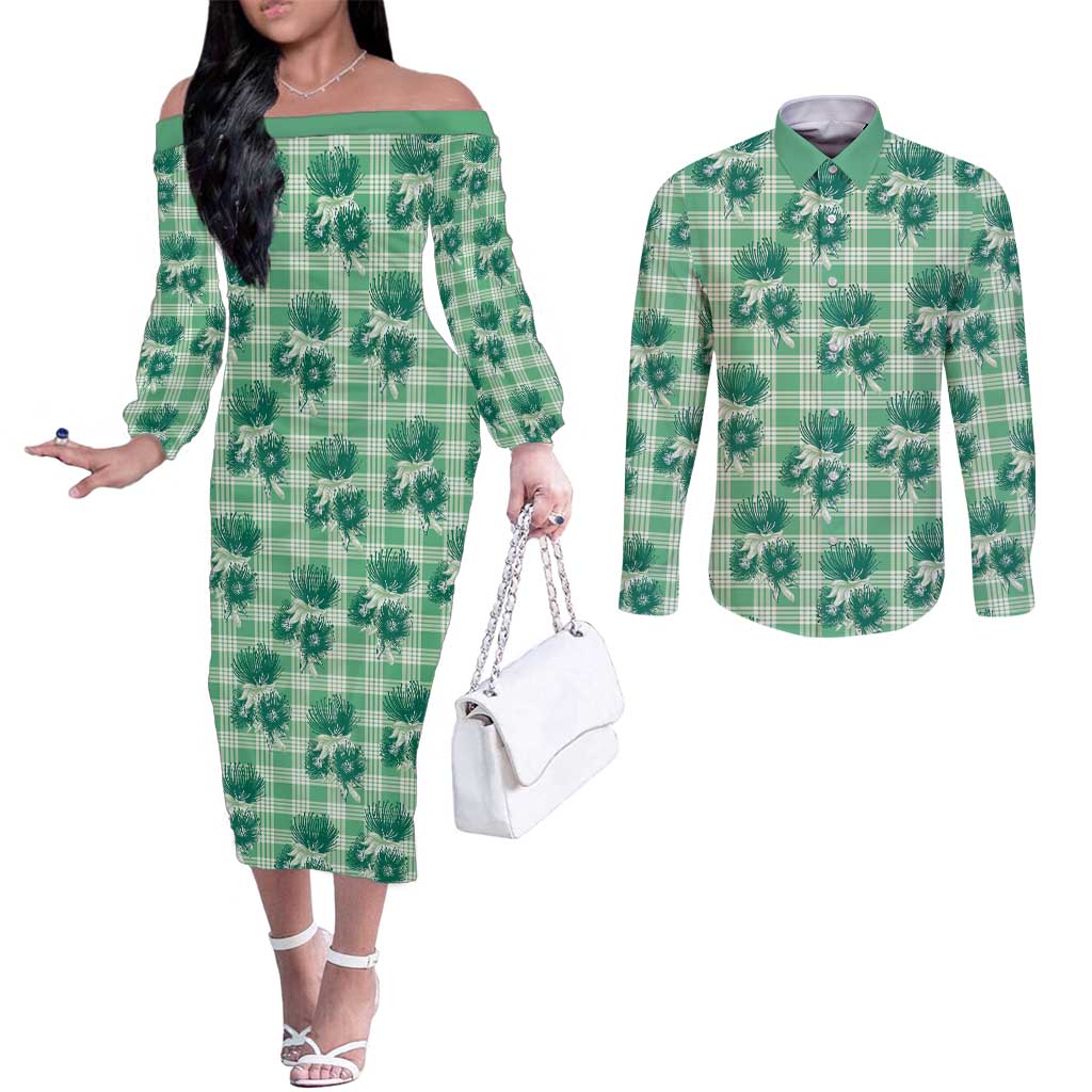 Green Palaka Hawaii Couples Matching Off The Shoulder Long Sleeve Dress and Long Sleeve Button Shirt Hawaiian Lehua Blossoms LT05 Green - Polynesian Pride