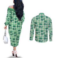Green Palaka Hawaii Couples Matching Off The Shoulder Long Sleeve Dress and Long Sleeve Button Shirt Hawaiian Lehua Blossoms LT05 - Polynesian Pride