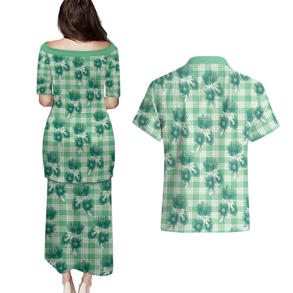 Green Palaka Hawaii Couples Matching Puletasi and Hawaiian Shirt Hawaiian Lehua Blossoms LT05 - Polynesian Pride