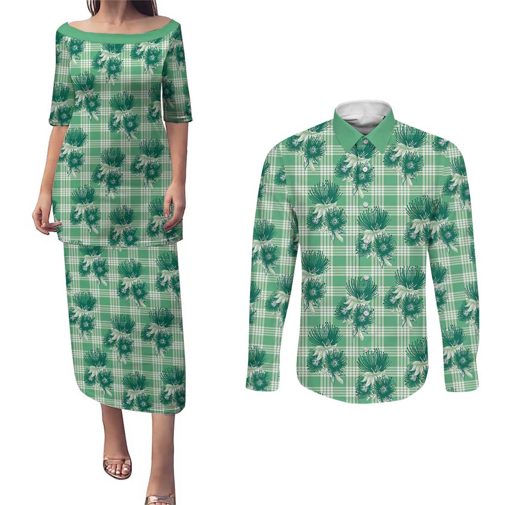 Green Palaka Hawaii Couples Matching Puletasi and Long Sleeve Button Shirt Hawaiian Lehua Blossoms LT05 Green - Polynesian Pride
