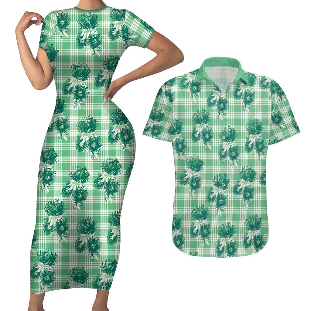 Green Palaka Hawaii Couples Matching Short Sleeve Bodycon Dress and Hawaiian Shirt Hawaiian Lehua Blossoms LT05 Green - Polynesian Pride