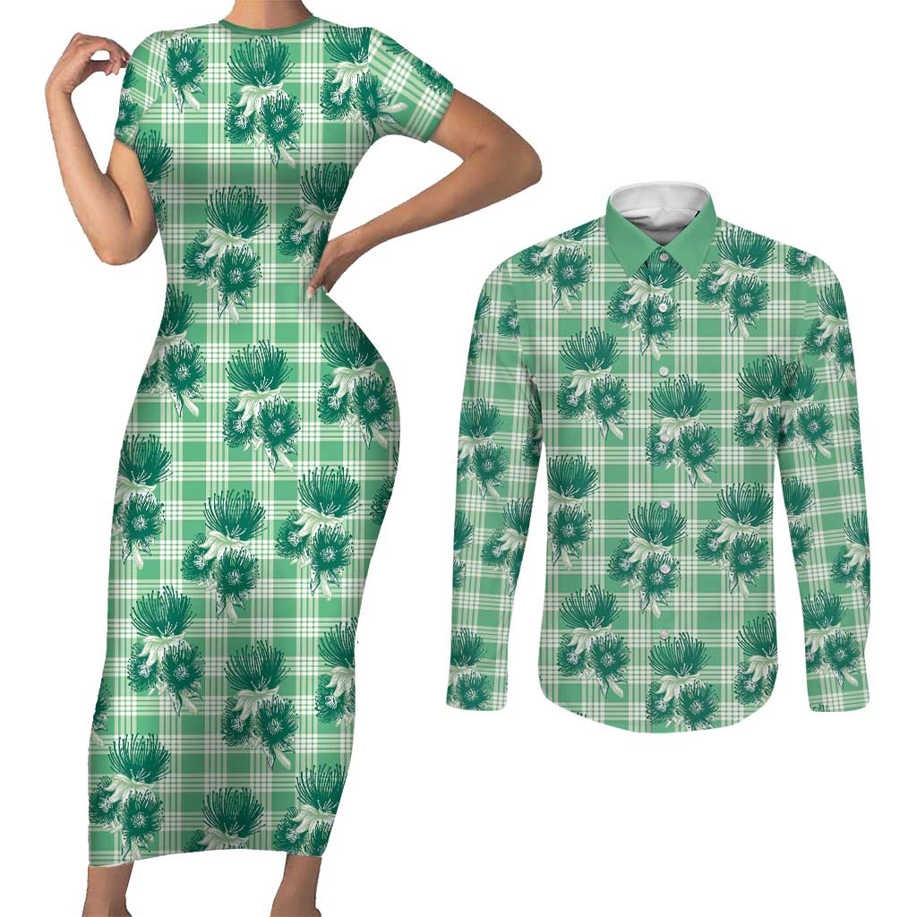 Green Palaka Hawaii Couples Matching Short Sleeve Bodycon Dress and Long Sleeve Button Shirt Hawaiian Lehua Blossoms LT05 Green - Polynesian Pride