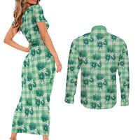 Green Palaka Hawaii Couples Matching Short Sleeve Bodycon Dress and Long Sleeve Button Shirt Hawaiian Lehua Blossoms LT05 - Polynesian Pride