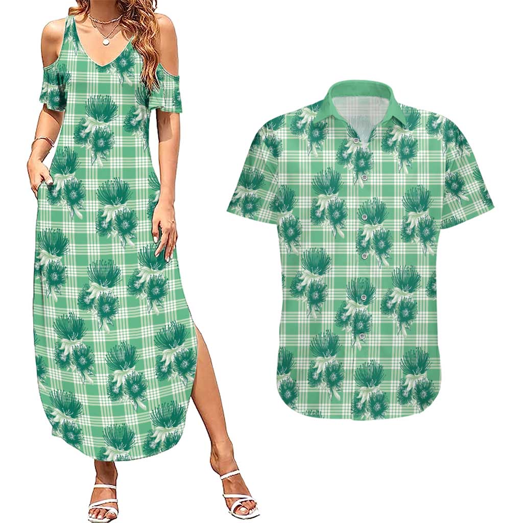 Green Palaka Hawaii Couples Matching Summer Maxi Dress and Hawaiian Shirt Hawaiian Lehua Blossoms LT05 Green - Polynesian Pride