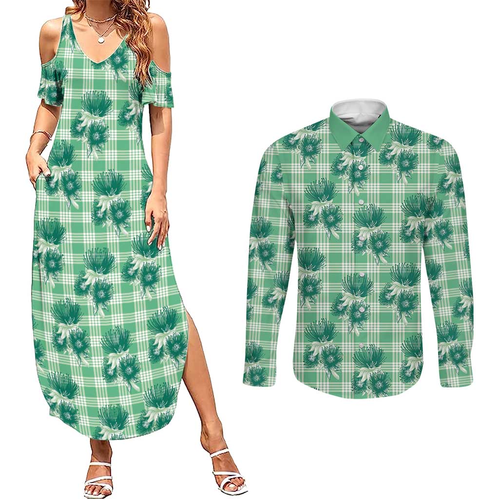 Green Palaka Hawaii Couples Matching Summer Maxi Dress and Long Sleeve Button Shirt Hawaiian Lehua Blossoms LT05 Green - Polynesian Pride