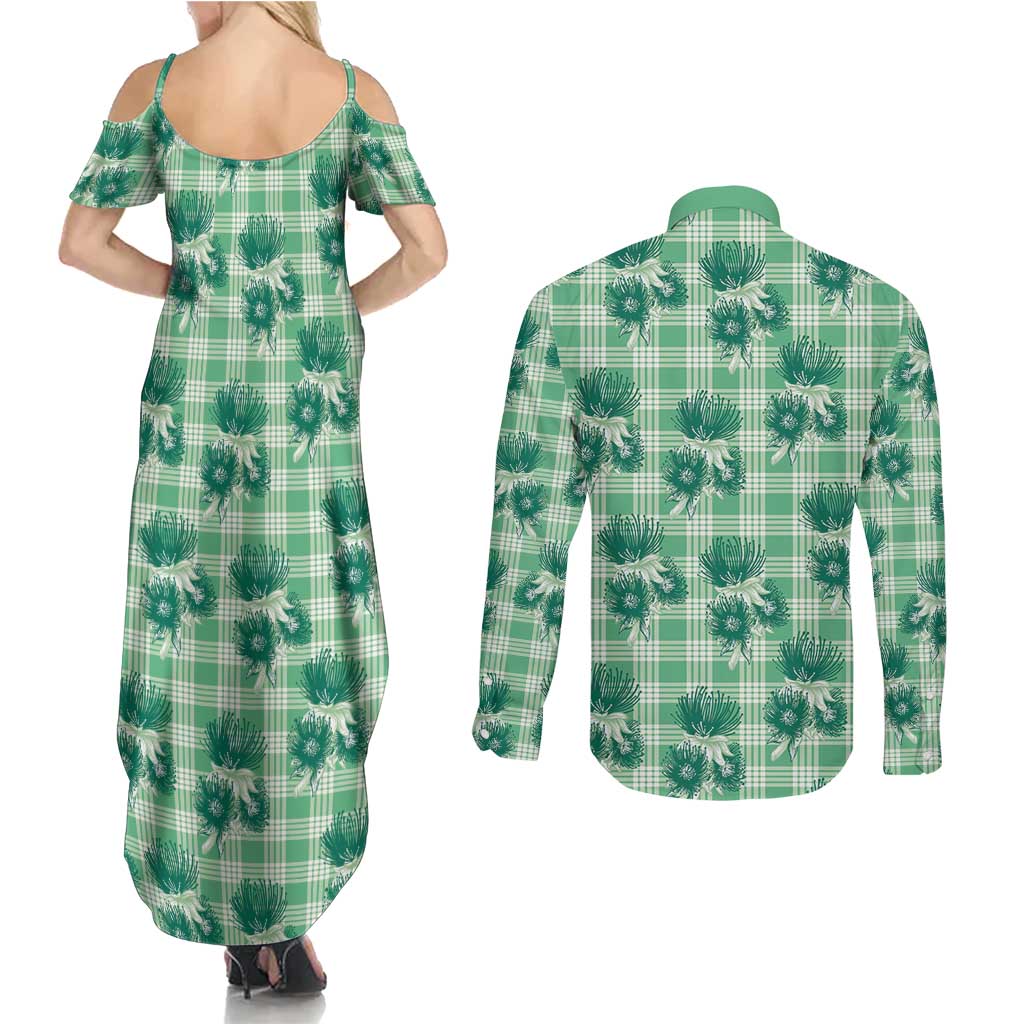 Green Palaka Hawaii Couples Matching Summer Maxi Dress and Long Sleeve Button Shirt Hawaiian Lehua Blossoms LT05 - Polynesian Pride